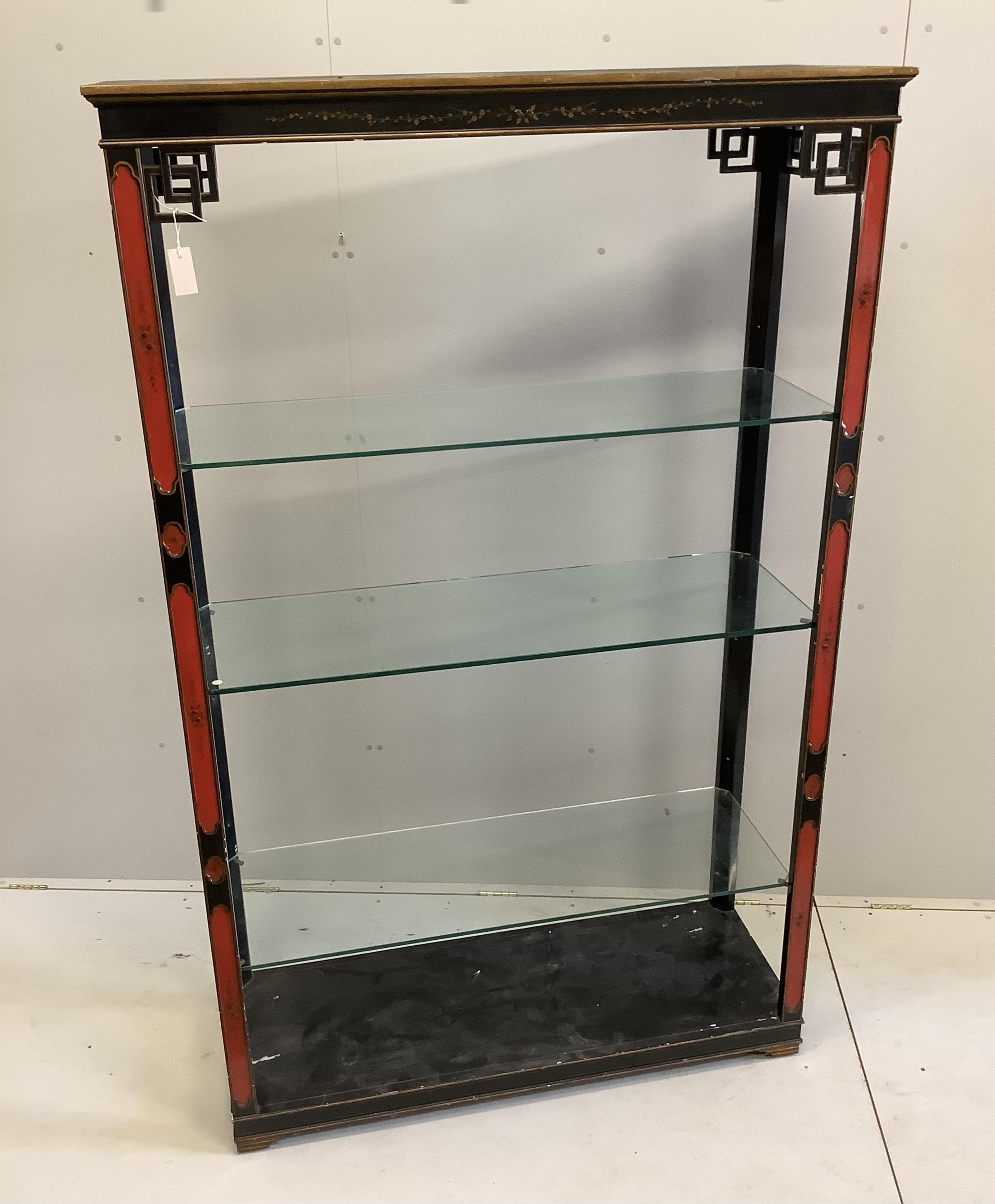 A chinoiserie lacquer open shelf unit, width 133cm, depth 49cm, height 214cm. Condition - fair